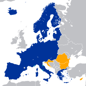 Map of the Schengen Area. Countries in blue are already members, and countries in orange will be joining. Photo source: 