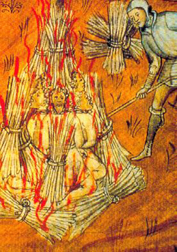 Cathars being burnt alive at Montségur.  Picture source: http://vivre-au-moyen-age.over-blog.com/article-13095618.html